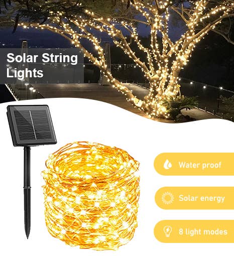Warm White 200 LED Solar Copper Wire Multifunction Fairy Lights - WW for wholesale on Faire0