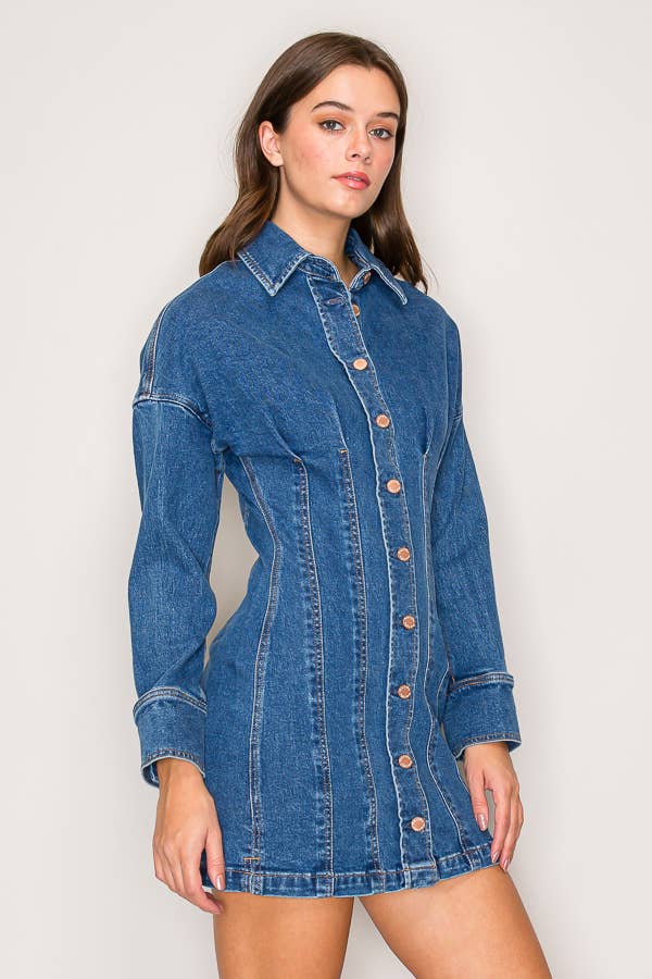 C7002 - LONG SLEEVE BUTTON DOWN DENIM SHORT DRESS for wholesale on Faire2