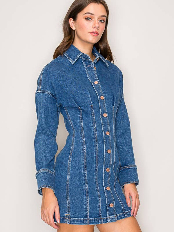 C7002 - LONG SLEEVE BUTTON DOWN DENIM SHORT DRESS for wholesale on Faire2