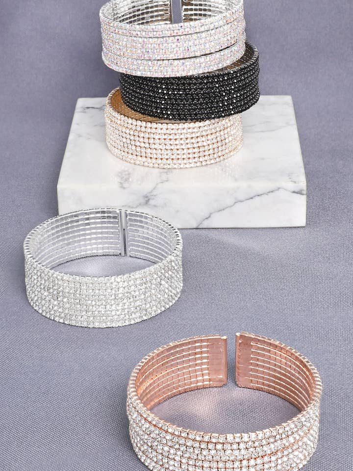 9 Row Crystal Rhinestone Cuff Bracelets for wholesale by SP Sophia Collection
