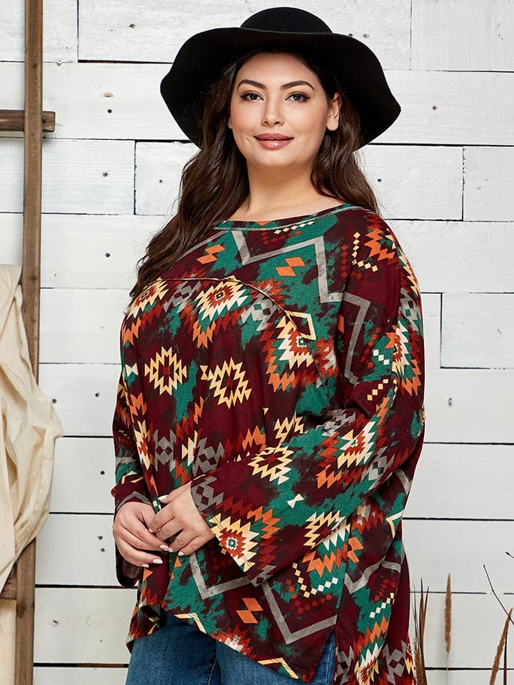 Shopin LA - Wholesale Lounge Top - Women's - ST21113P - WOMEN AZTEC PRINT REVERSE SEAM PONCHO STYLE TUNIC