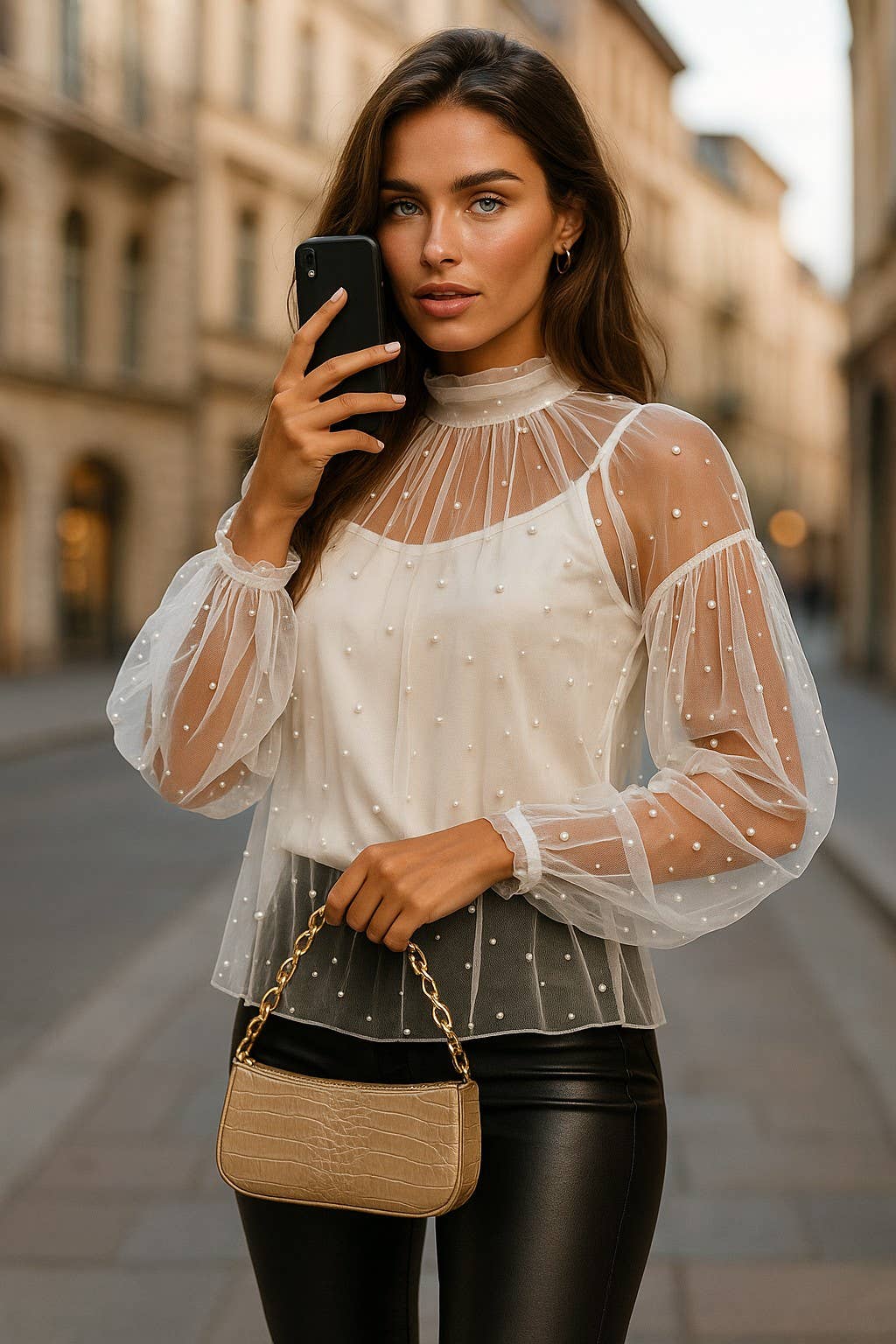 A Woman we Love – Engroshandel Bluse - Dame – Transparent tylbluse med perler og høj krave1