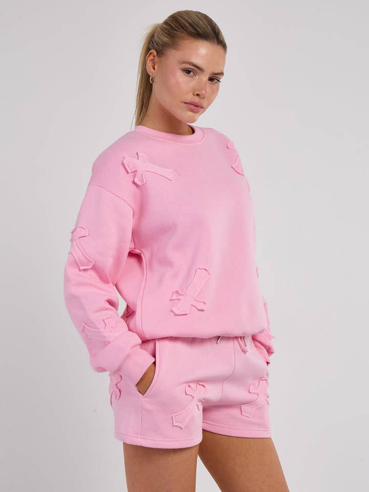 AX Labels - Wholesale Lounge Set - Women's - Crucifix Embroidered Sweatshirt & Shorts Fleece Co-ord39