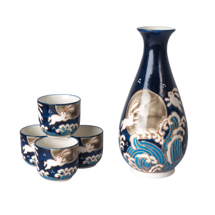 Moon Rabbit Porcelain Glazed 10 oz Sake Bottle and 4 Cups Gift Set (1/16) for wholesale by Urban Tokyo