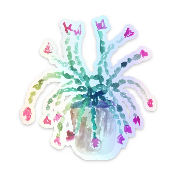 Christmas Cactus Plant Holographic Sticker for wholesale by Allison’s Illustrations