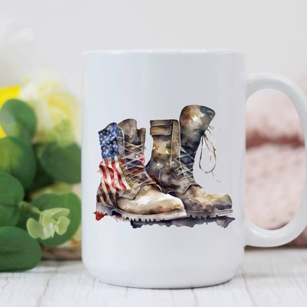 Prairie Chicken Sticker Shop & Gifts - Wholesale Coffee Mug - Military Combat Boots Watercolor Flag 15oz Coffee Mug