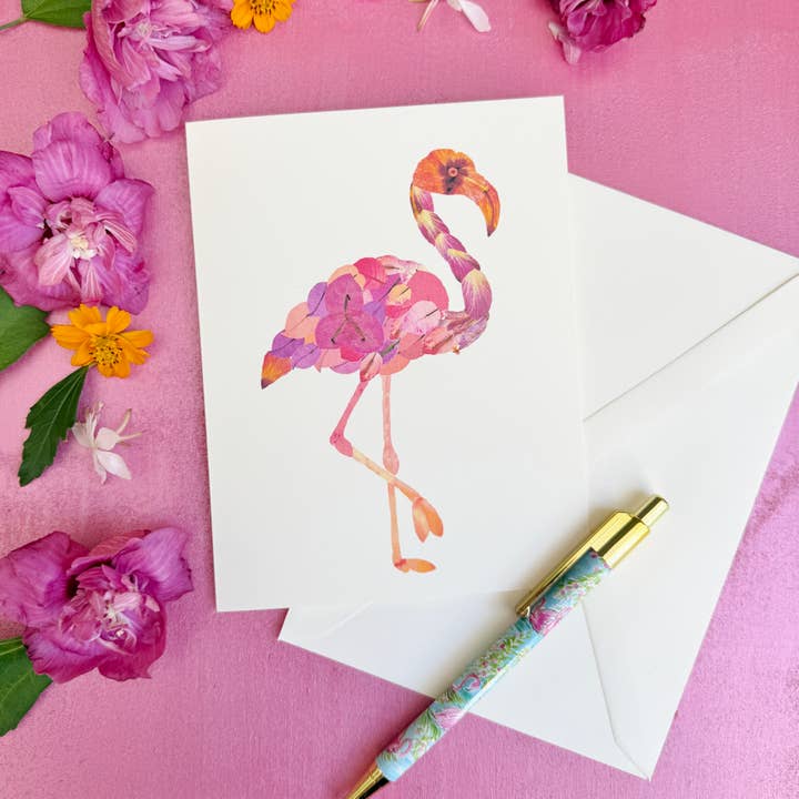 Floral Flamingo - Printed pressed flowers card for wholesale by FloreOrganicBotanics