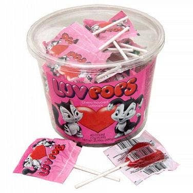 Long Island Candy Factory – wholesale Lollipop – Adam & Brooks Luv Pop Heart Lollipops Cherry Red 40 ct Tub0