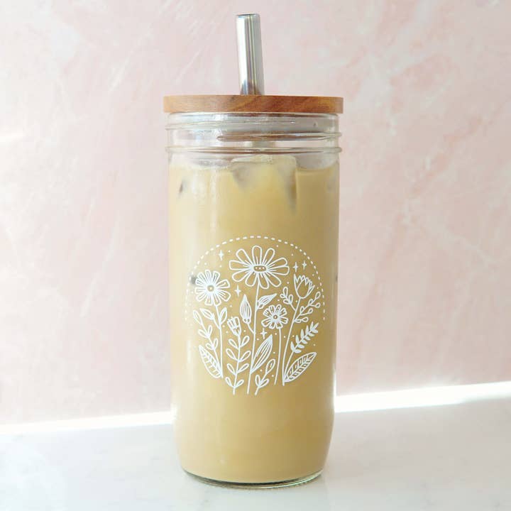 Forest Cove Home - Wholesale Drinking Glass/Cup - Wild Flowers Floral 22 oz Glass Tumbler + Top + Straw