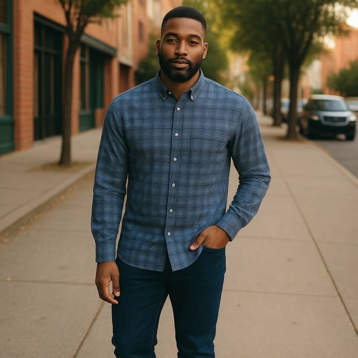 Wear Sierra - Wholesale Button Down Shirt - Men's - Men's Cotton Long Sleeve Button Down Shirt in Navy Plaid2