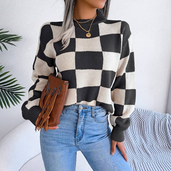 Hope & Sunshine - Wholesale Knit Sweater - Women's - Colorblock Plaid Knit Sweater For Women2