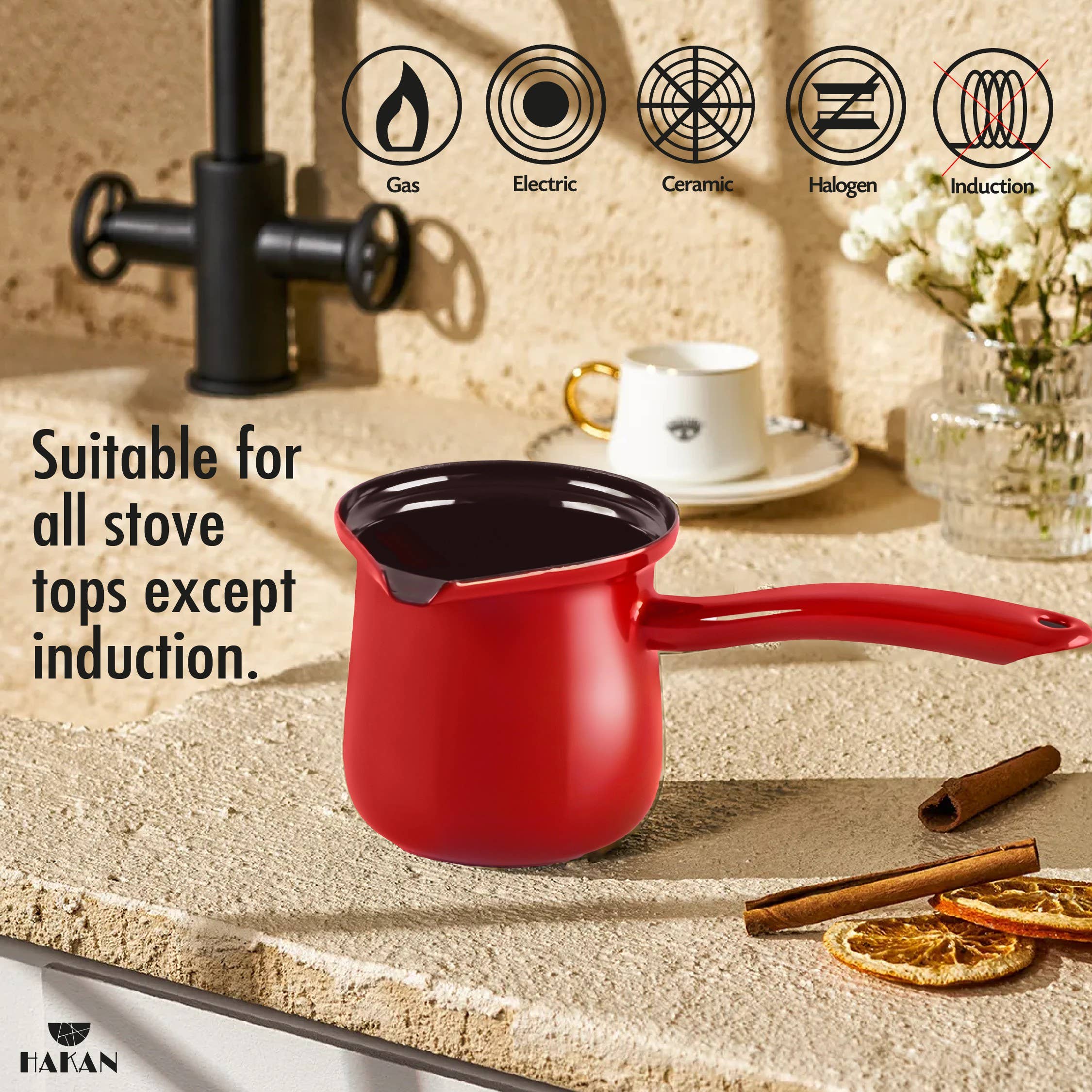 Hakan - Vendita all'ingrosso Tazza - Caffettiera smaltata Hakan rossa 1000 cc (33,8 oz) Jumbo per piani cottura3