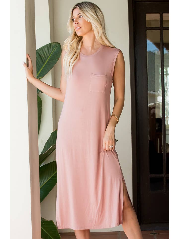 Sweet Lovely by Jen - Wholesale Dress - Women's - CASUAL JERSEY KNIT SOLID POCKET SLEEVELESS MIDI DRESS