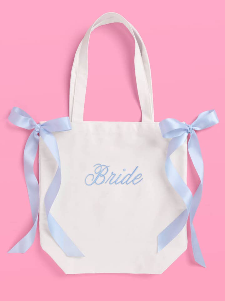 Tying the Knot Tote - embroidered canvas tote w. bows, bride accessory, blue bachelorette for wholesale by xo, Fetti
