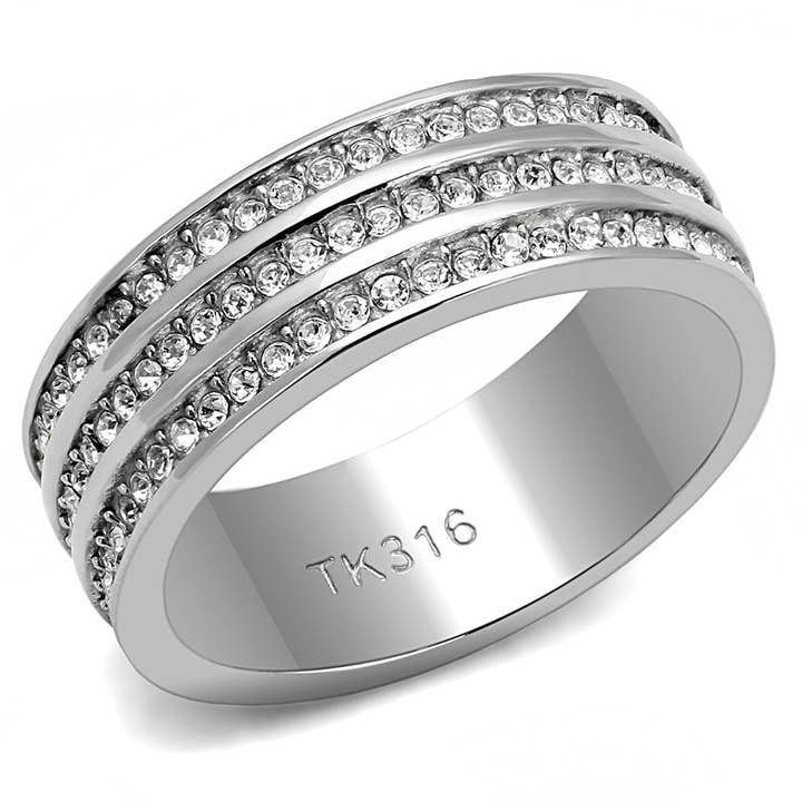 TK3028 - High polished (no plating) Stainless Steel Ring with Top Grade Crystal in Clear for wholesale by Alamode