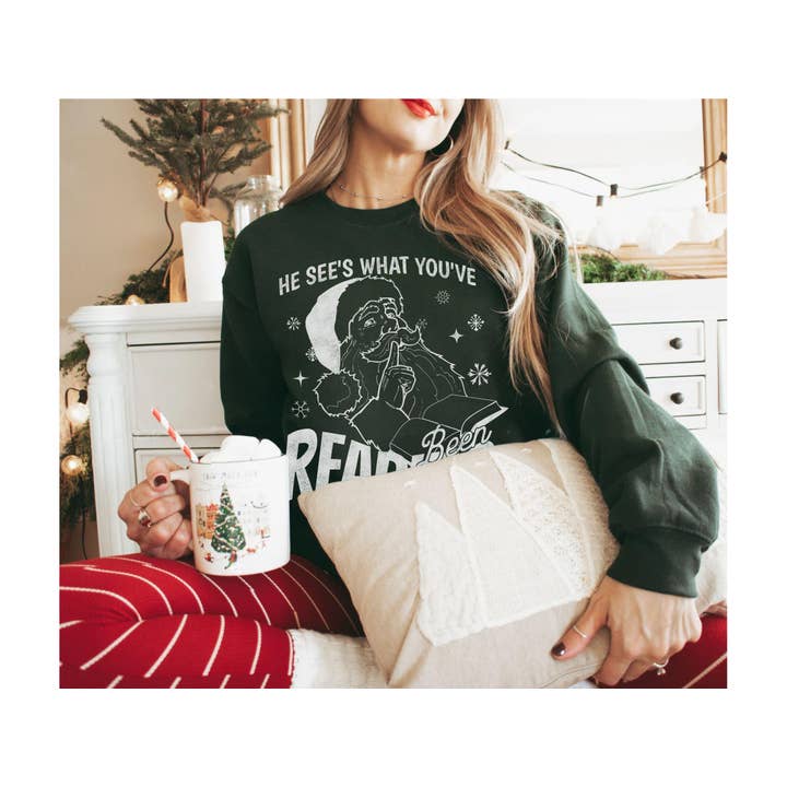 NVC Ecommerce LLC - Wholesale T-Shirt (Graphic) - Women's - He Sees What You've Been Reading Shirt, Funny Book Sweater1