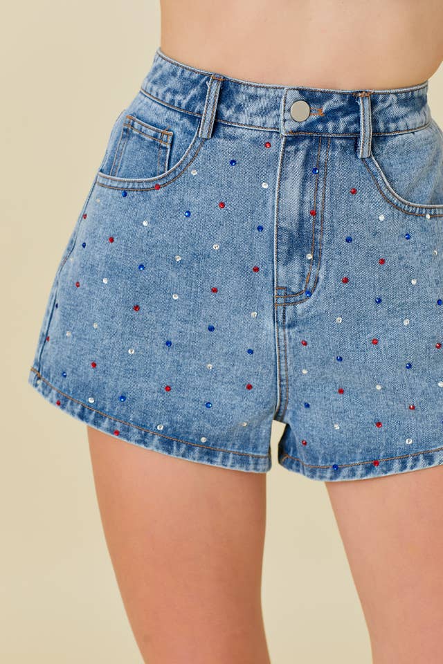 4th July Theme All Over Rhinestone Denim Shorts for wholesale on Faire
