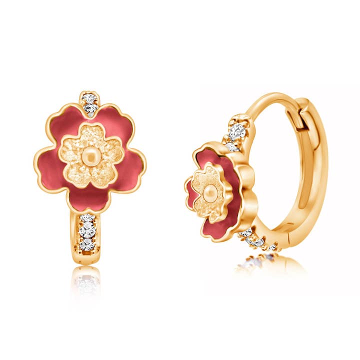 Red Flower Crystal Yellow Gold Plating Leverback Earring for wholesale by Chanteur