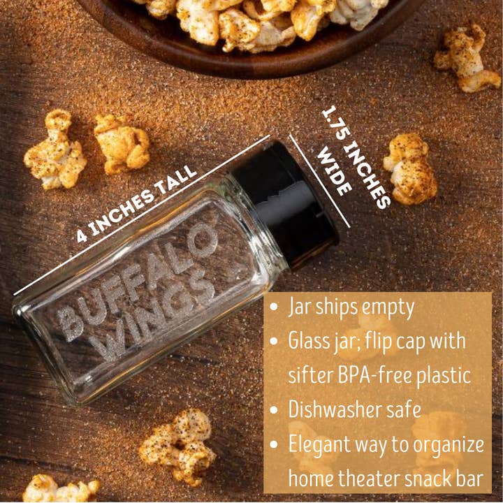 Dell Cove Spices & More Co. - Wholesale Jar - Etched Glass Spice Jar with Black Cap - BUFFALO WINGS