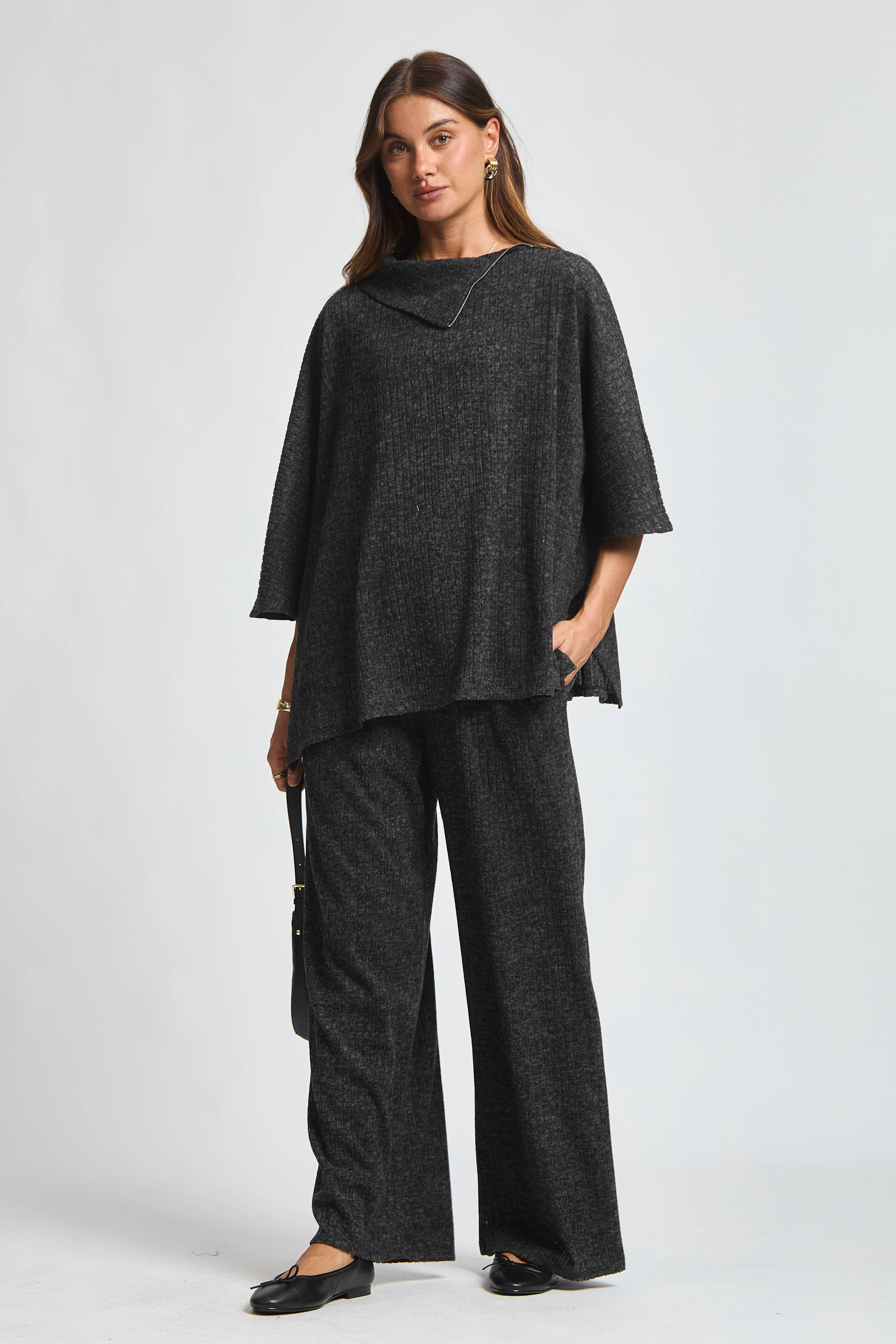 Dear Scarlett - Wholesale Lounge Set - Women's - Brushed Ribbed 2-Piece Poncho & Pant Set3
