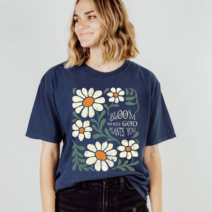 Scripted Pearl - Wholesale Screen Printed T-Shirt - Women's - Bloom Where God Plants You Comfort Colors Christian T Shirt11