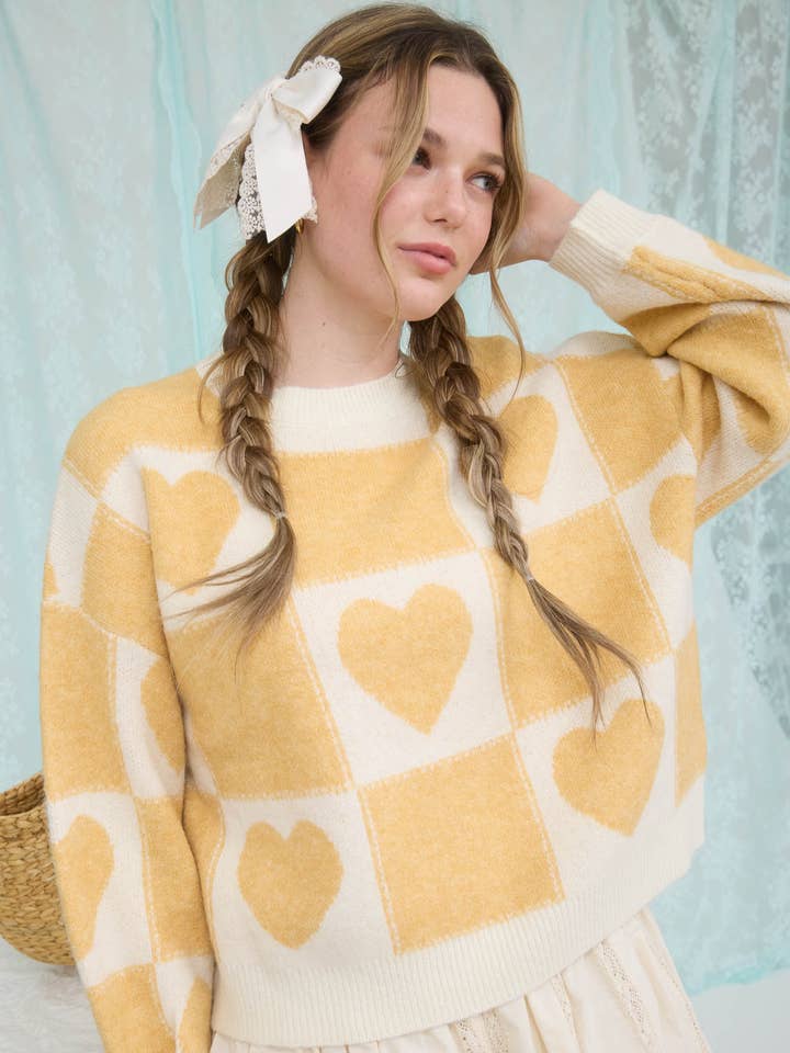 HEART CHECKERED PATTERN CREW NECK KNIT SWEATER for wholesale by MINE