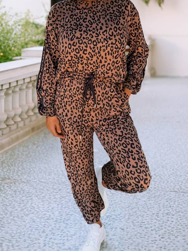 LDC Striped Trim Leopard Long Sleeve Top Drawstring Pant Set for wholesale by Little Daisy Closet