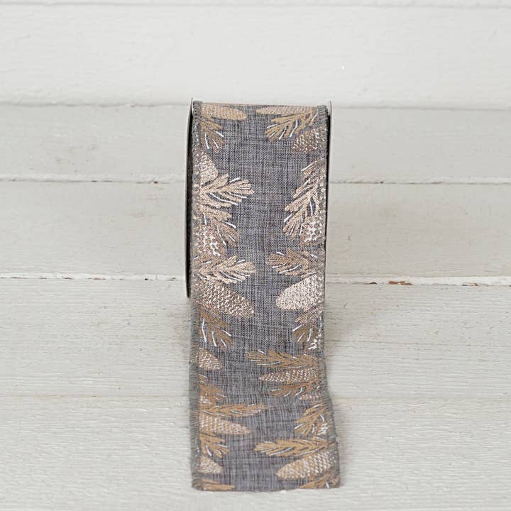 Holiday Depot Inc. - Wholesale Ribbon - Gift Wrapping - R32927-Wired Ribbon-Gray Burlap w. golden pinecones (2.5inW)