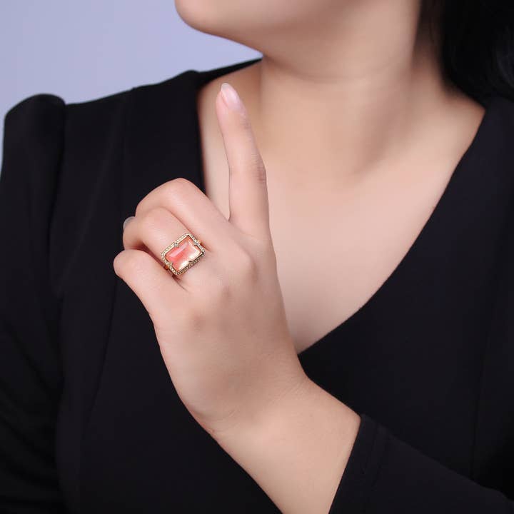 Aim Eternal - Wholesale Cocktail/Statement Ring - 24K Gold Filled Gold Watermelon Pink Rectangular Gemstone Ring, Chunky Statement Ring | U4532