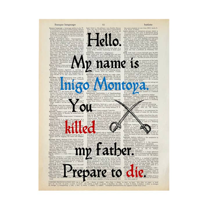 Hello my name is Inigo | Dictionary Print | Vintage Book Art for wholesale by Bookish Birds