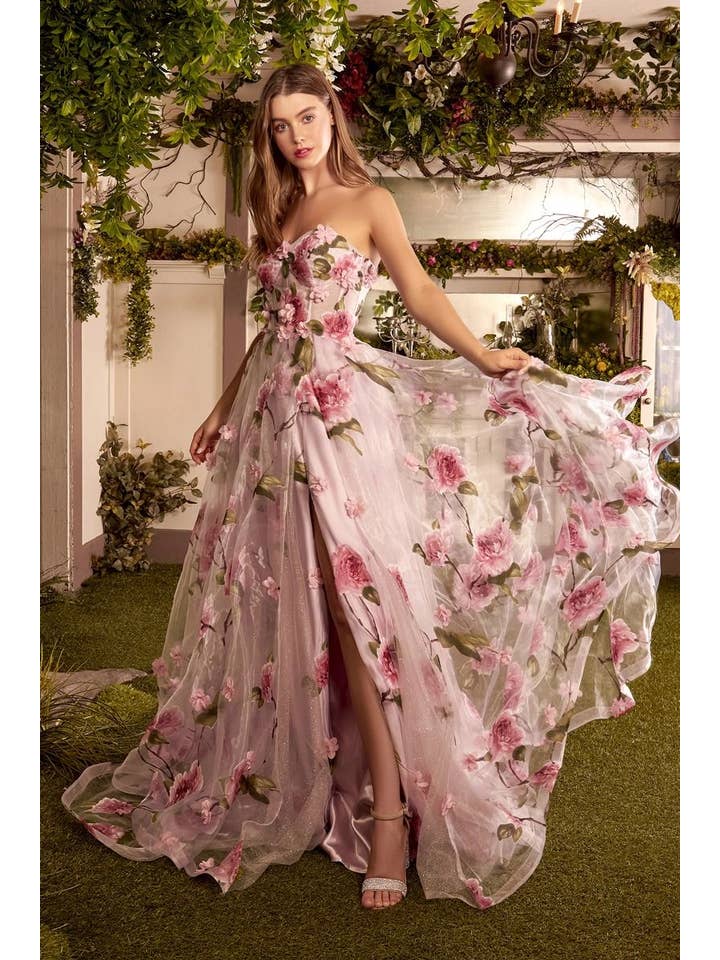 Multi Portrait Of A Rose Printed Organza Gown for wholesale on Faire