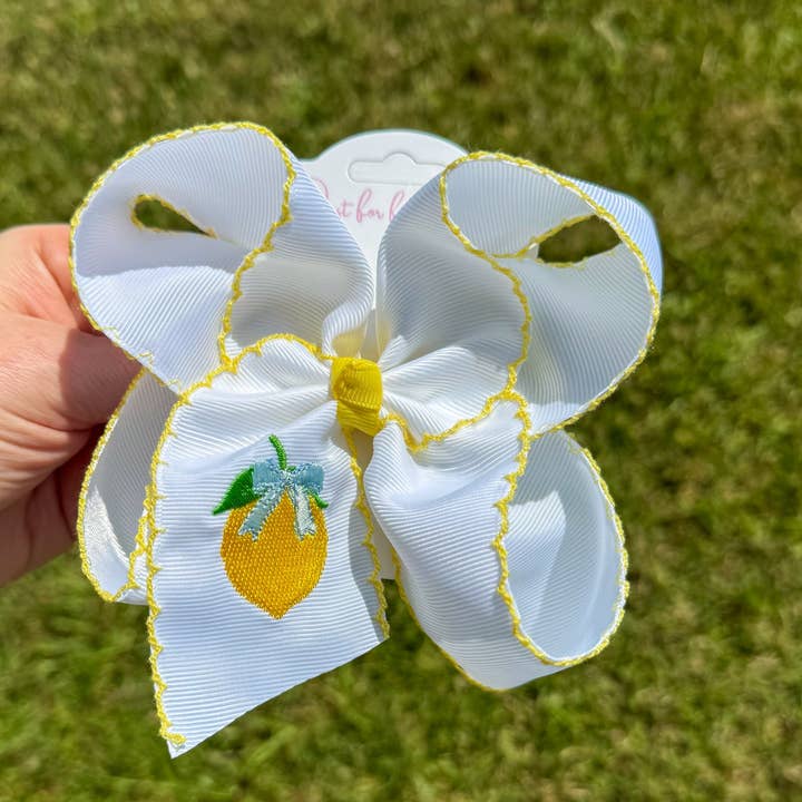 Lemon Embroidered Hair Bow for wholesale by Just For Fun Threads