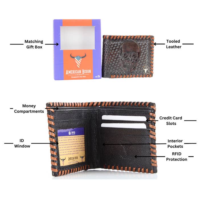 Leather Impressions Inc – Carteira – Homem por atacado – Carteira Americana Bison Lace Edge Pele Tooled Caveira Bifold3