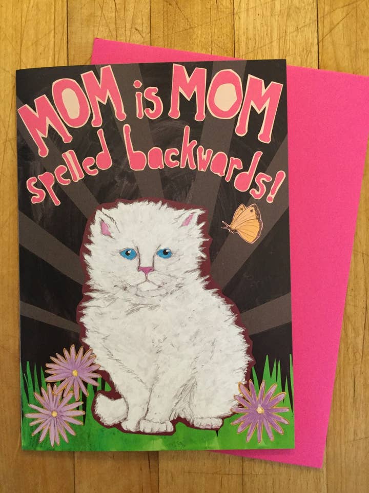 Mom Spelled Backwards Card for wholesale by Sunde White Industries