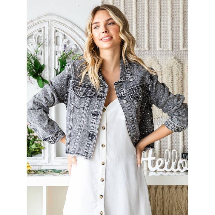 Black Sprinkle Rhinestones Crop Denim Jacket for wholesale on Faire