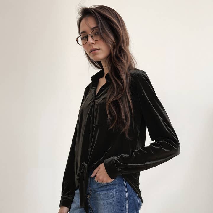 Pleione Women's Button Down Velvet Shirt Blouse in Black for wholesale by Robin K