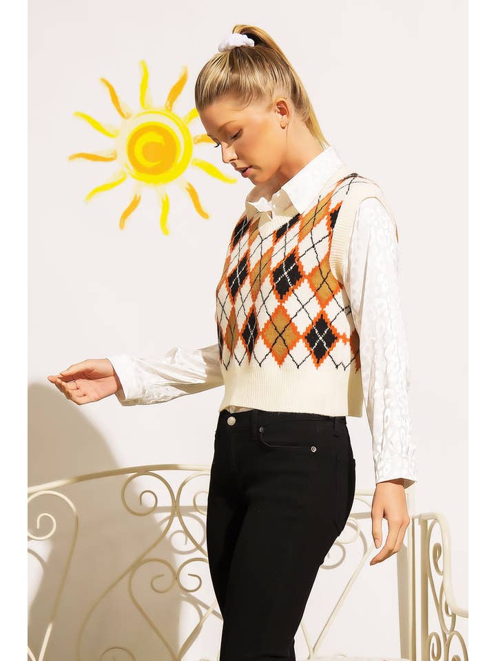 Sweet Generis - Venta al por mayor Chaleco de punto - Mujer - CHALECO CON CUELLO EN V Y PATRÓN DE ARGYLE DE PUNTO GRUESO11