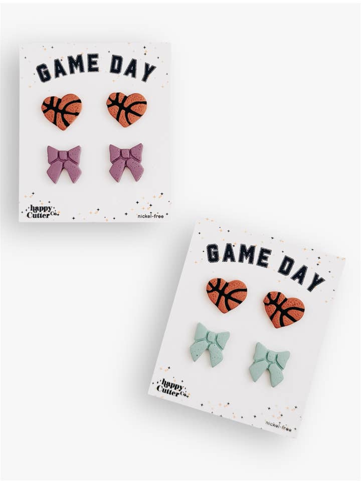 Basketball Heart & Custom Color Bow | Sports Fan Earrings for wholesale by Happy Cutter Co