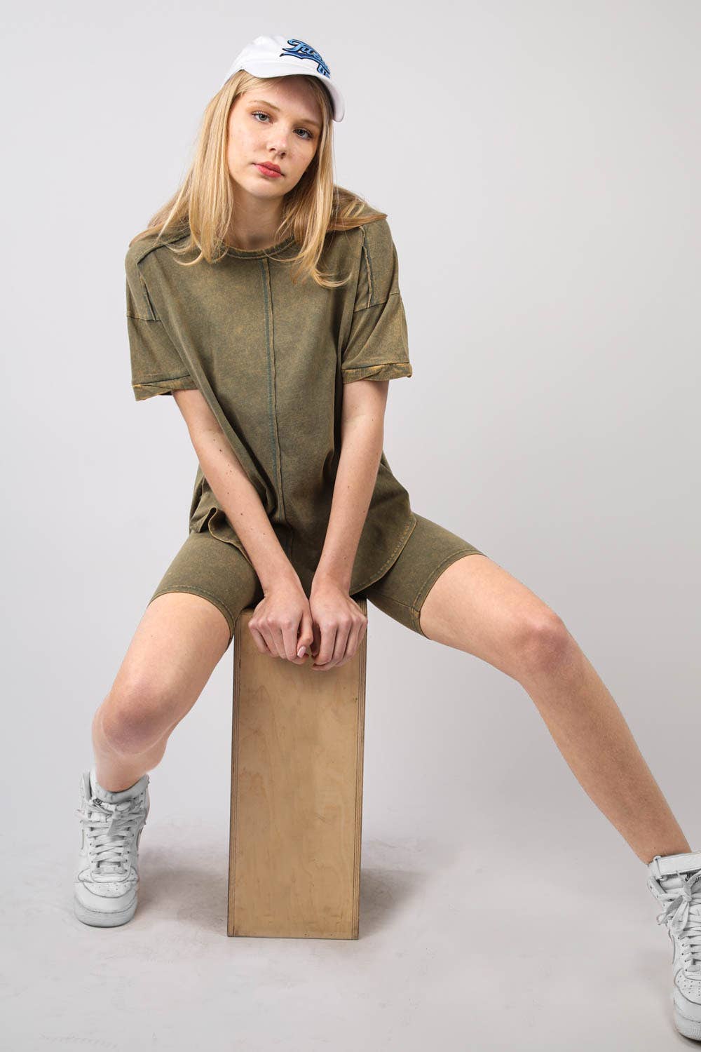 VERY J - Wholesale Activewear Set - Women's - NT11590SET-Washed Stretchy Knit Activewear Top & Shorts15