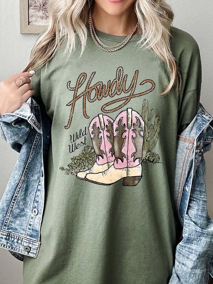 Howdy Cowgirl Boots Graphic Heavyweight T Shirts for wholesale by COLORBEAR