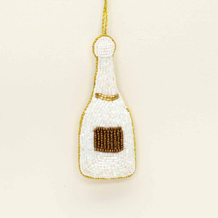 Champagne Bottle Beaded Ornament White/Gold 4" for wholesale by The Royal Standard