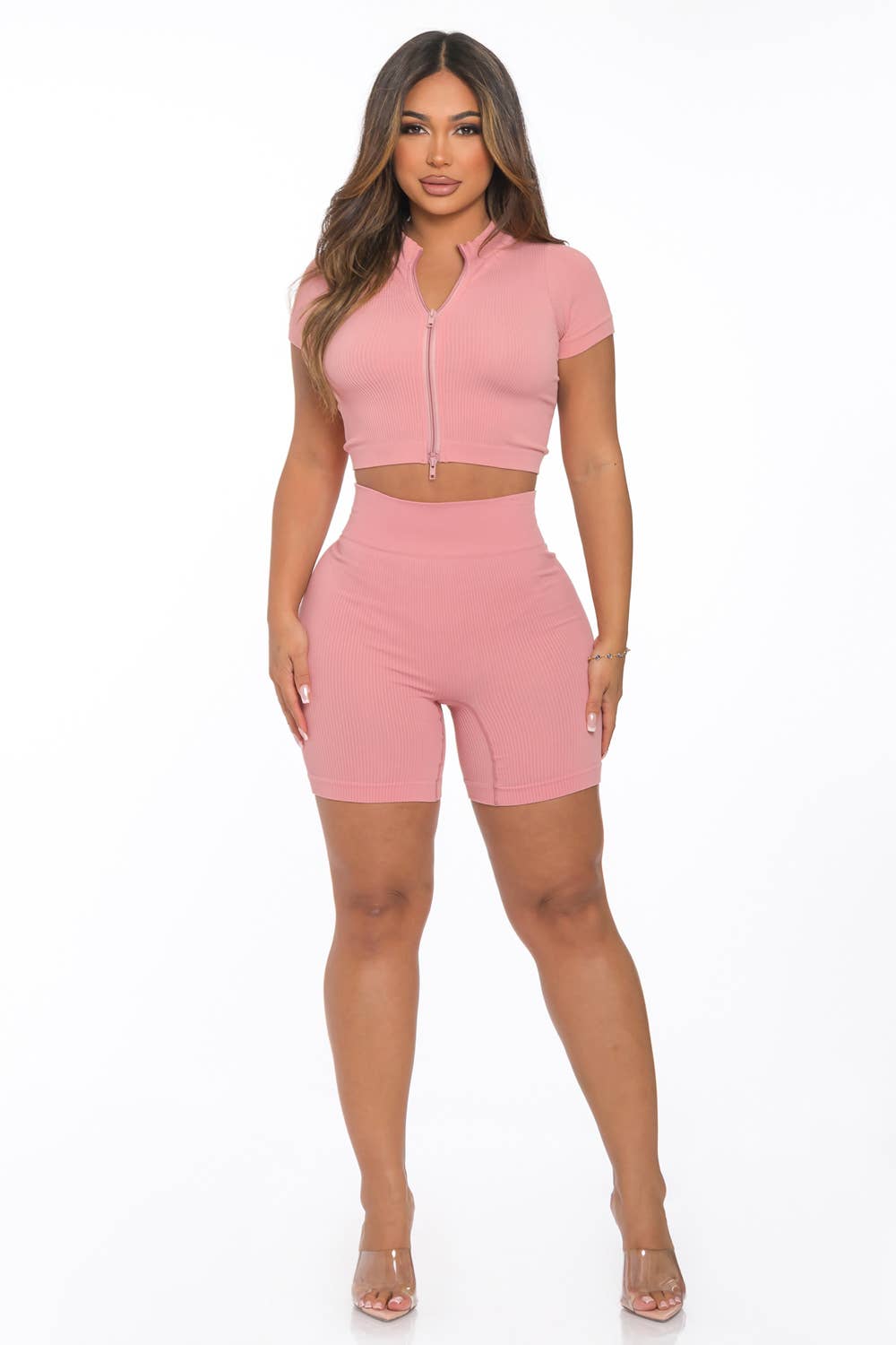Lime All the Time - Wholesale Activewear Set - Women's - 2 Pc Rib Seamless Split Zipper Crop and Highwaist Short Set4