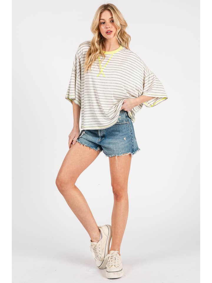 Ces Femme USA - Wholesale Tunic - Women's - TS13916STB/Striped Oversized T-Shirt with Contrast Details