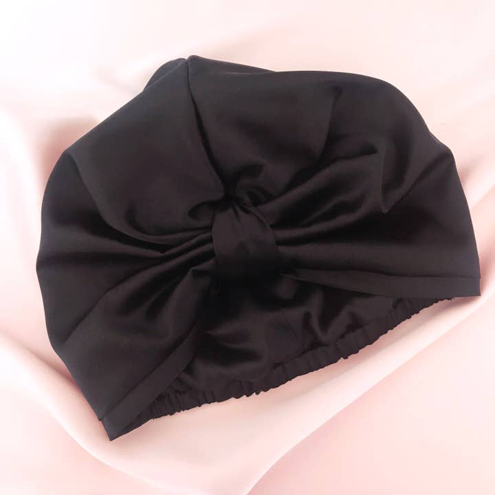 Mille Saisons - Wholesale Sleep Cap / Bonnet - Women's - Onyx Black Mulberry Silk Sleep Cap Fully Lined- UK Sewn6