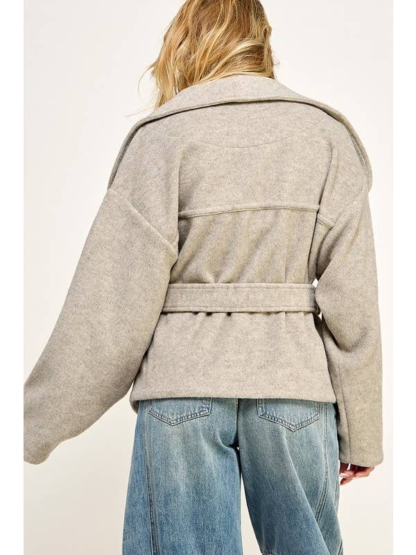 Beige Melange WINTER BIG COLLAR BELTED FLEECE JACKET for wholesale on Faire