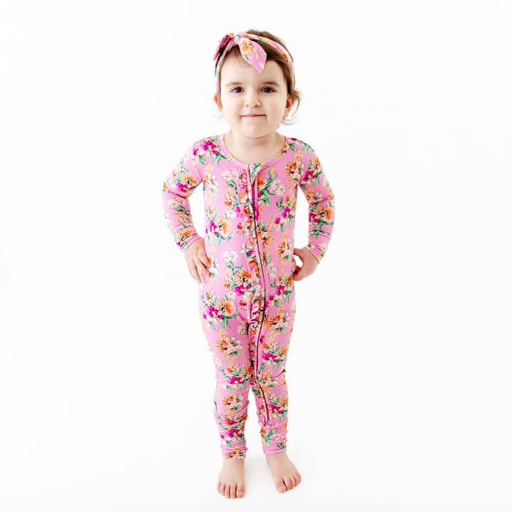 Pink Flower Child Floral Ruffle Convertible Bamboo Footie Pajamas for wholesale by Dreamiere
