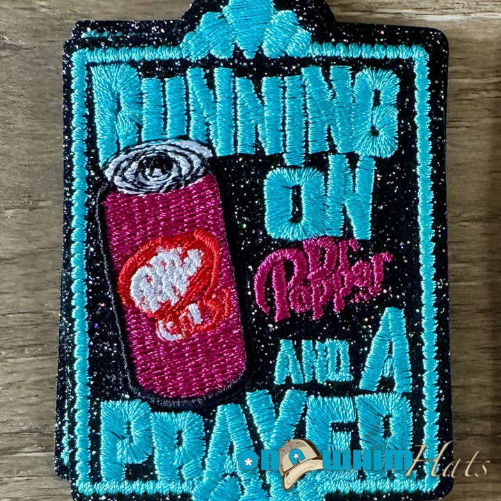 Running on Diet Dr Pepper Iron-On Patch for wholesale by On a Whim Hats
