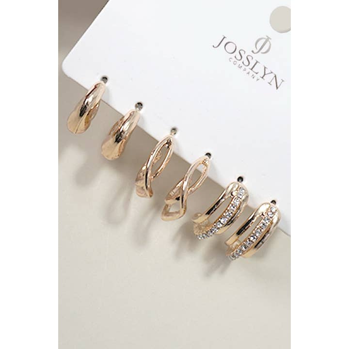 Gold TRIO RHINESTONE HUGGIE HOOP EARRINGS SET OF 3 | 80E5383 for wholesale on Faire