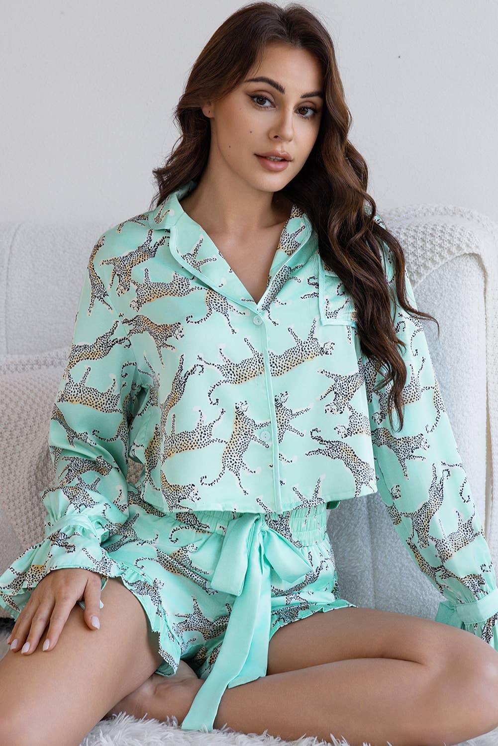 Green Leopard Printed Satin Long Sleeve Top and Shorts Pajama Set for wholesale on Faire5