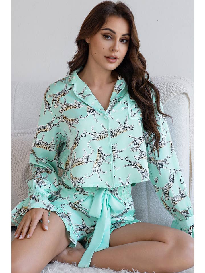 Green Leopard Printed Satin Long Sleeve Top and Shorts Pajama Set for wholesale on Faire5